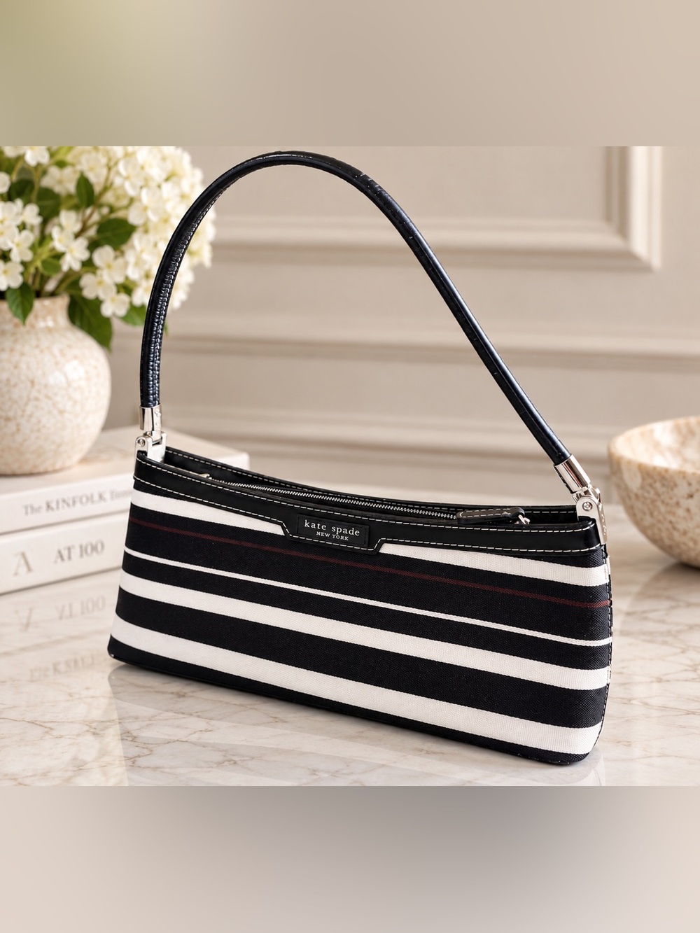 kate spade Black, White and Brown Striped Shoulder Bag with Slim Handle